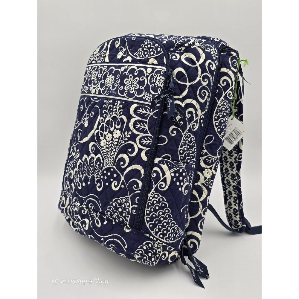 Vera Bradley Laptop Backpack Navy Twirly Bird Floral Quilted Retired Pattern